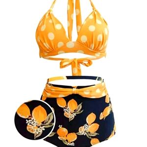1950's Yellow Polka Dot Lemon Halter Top Bikini...size Large